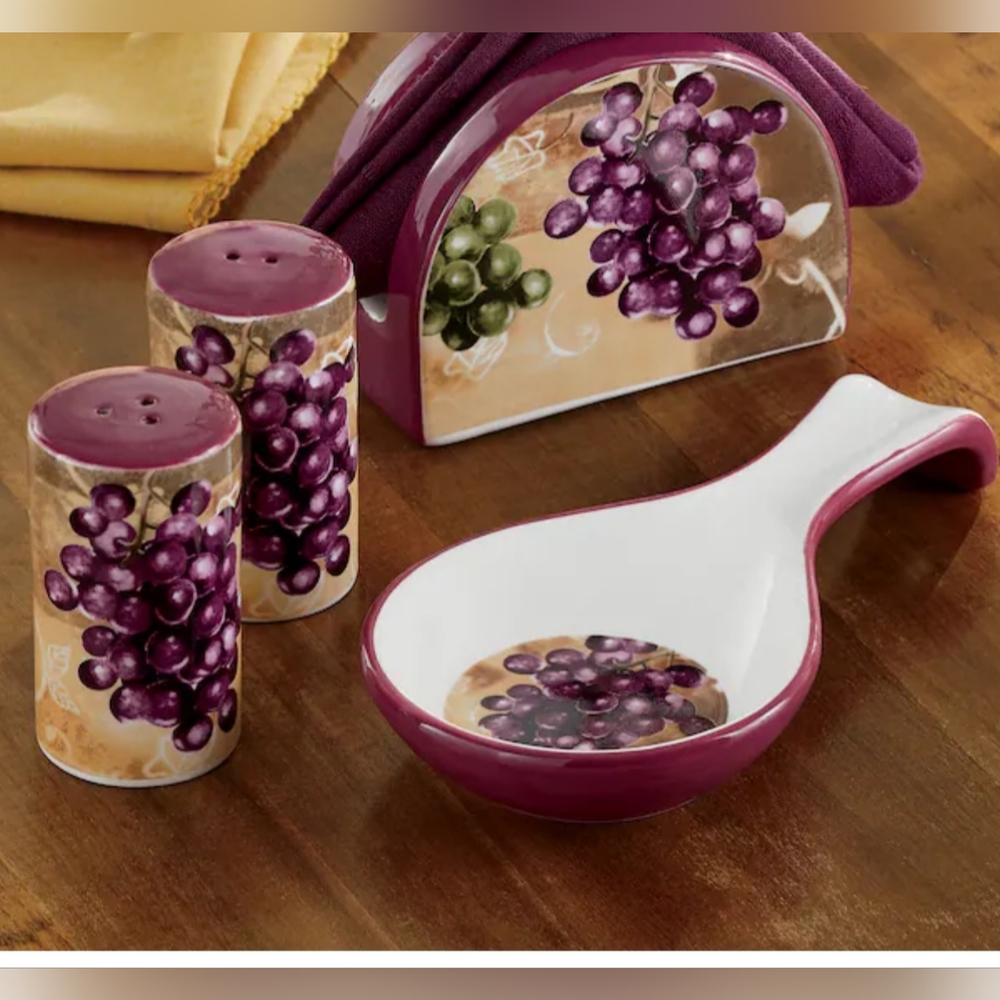 New 4 Piece Tuscan Vineyard Grapes Kitchen Stoneware Set